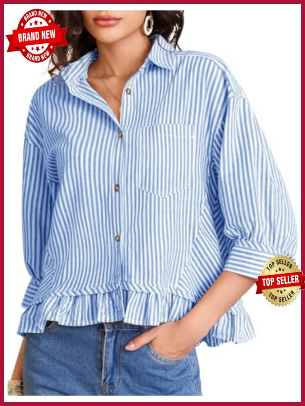 Striped Button Down Cotton Shirts Cropped Ruffle Hem 3/4 Sleeve Casual Collared